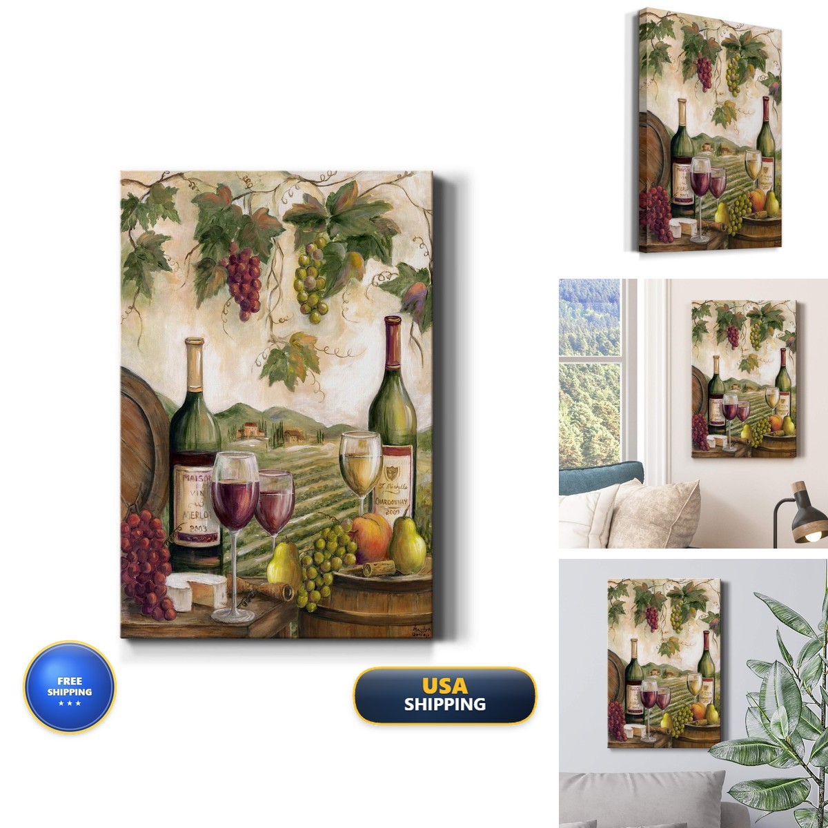 Renditions Gallery Vineyard Art, Red & White Wine, Cheese & Grapes, 18x27 in