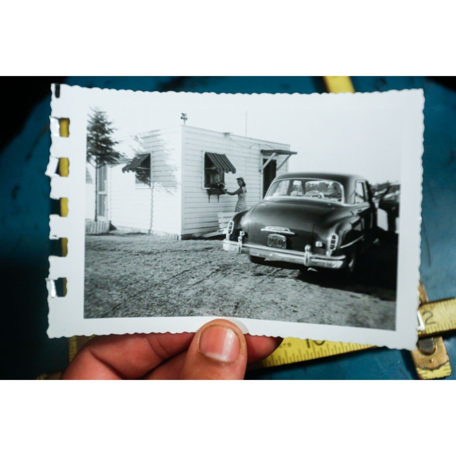 American Dream Attractive Woman Fixing Plant Nice Old Car Vintage Snapshot Photo