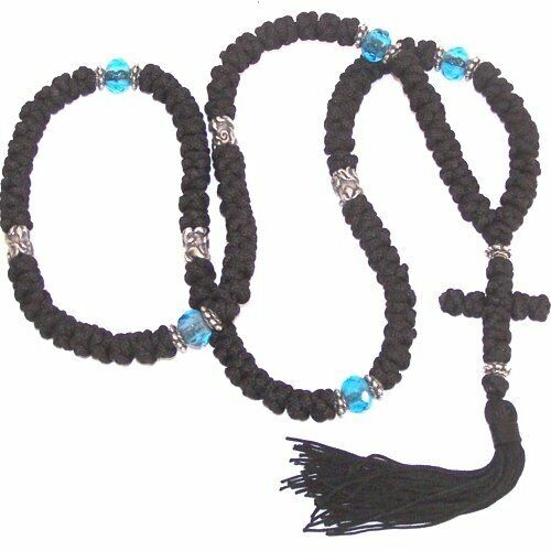 Black Knotted wool Komvoschinia with Blue glass and Silver tone beads (100 Kn...