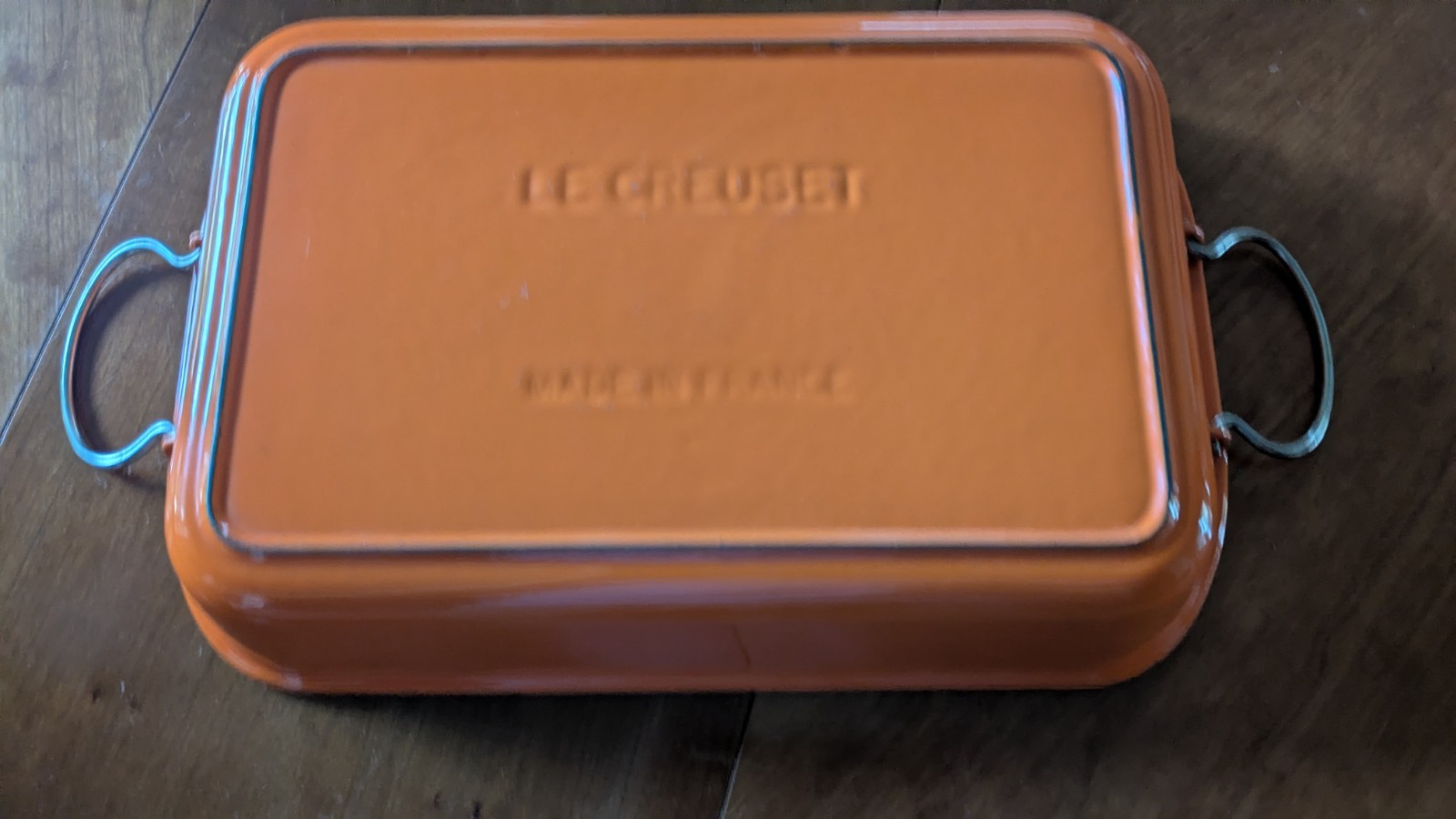 Gorgeous, vintage Le Creuset lasagna pan with bail handles.