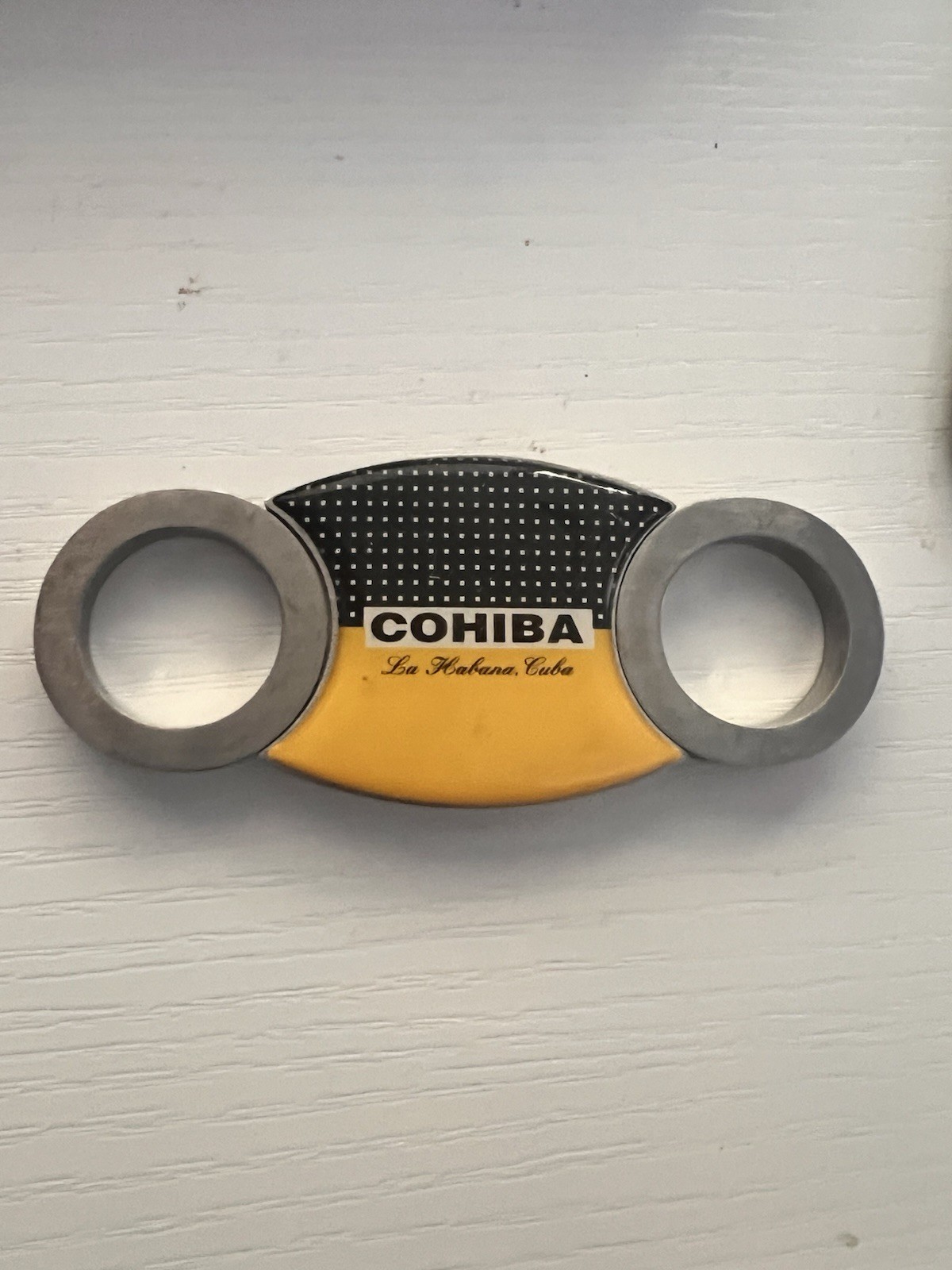 Cohiba Cigar Cutter Vintage And Heavy Metal.  Yellow And Black Colorful Label