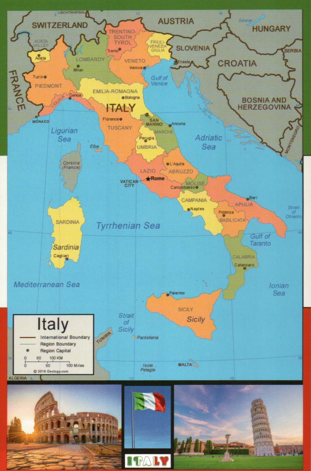 Map of Italy, Flag, The Colosseum, Rome, Tower of Pisa etc. ---  Modern Postcard