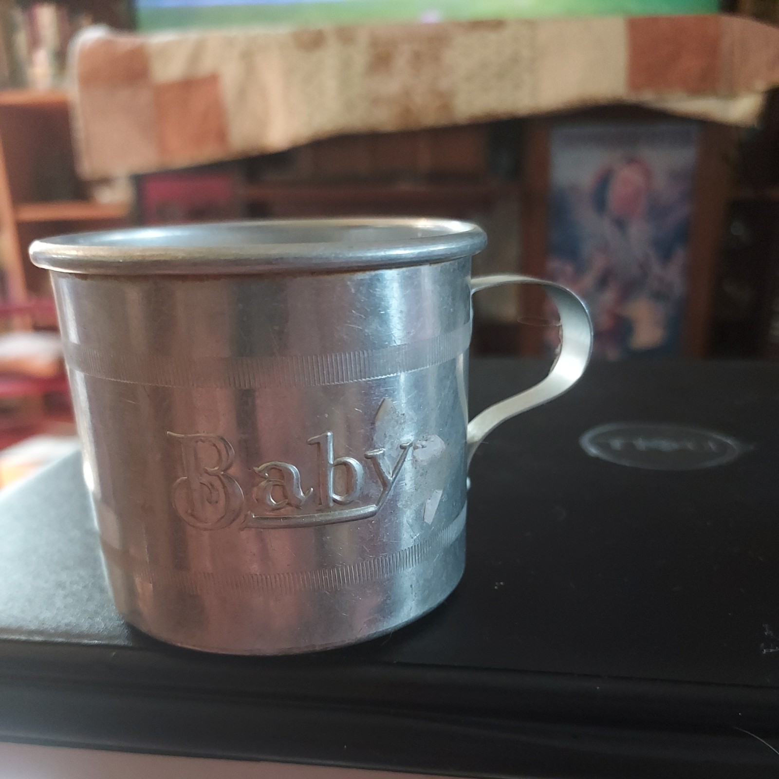 Vintage Aluminum Embossed Baby Metal Cup Mug w Handle Nursery Mid Century OF8