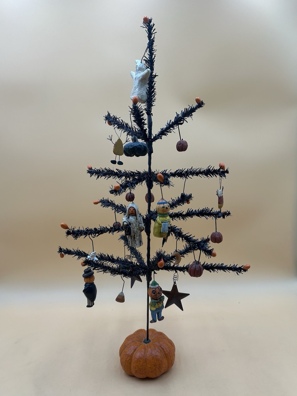 Vintage Halloween Folk Art Feather Tree. SUZI-B LLOYD Ornaments. Pumpkin Base.