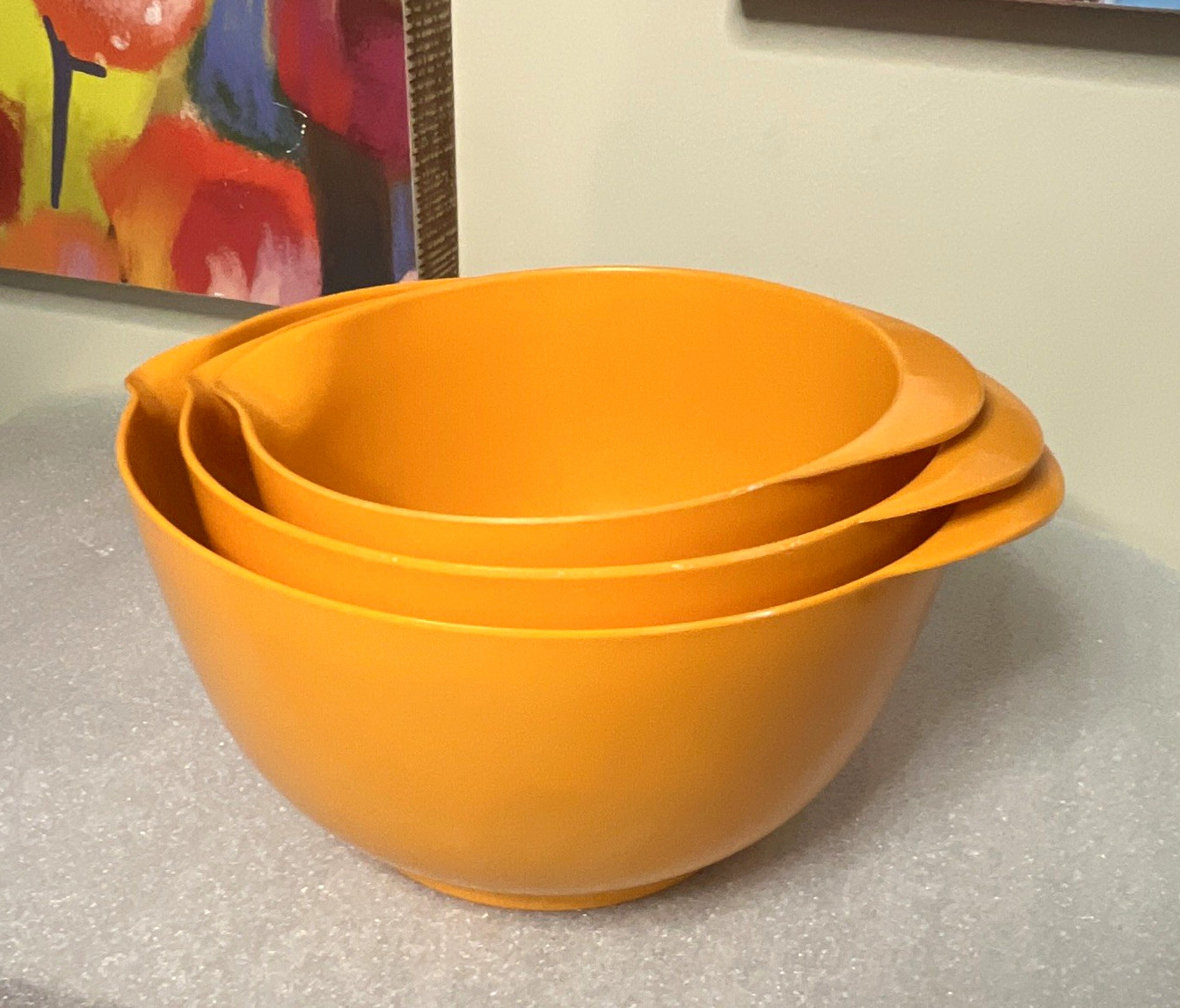 3-Piece Orange Plastic Nesting Mixing Bowl Set w/ Pour Spouts Mid-Century
