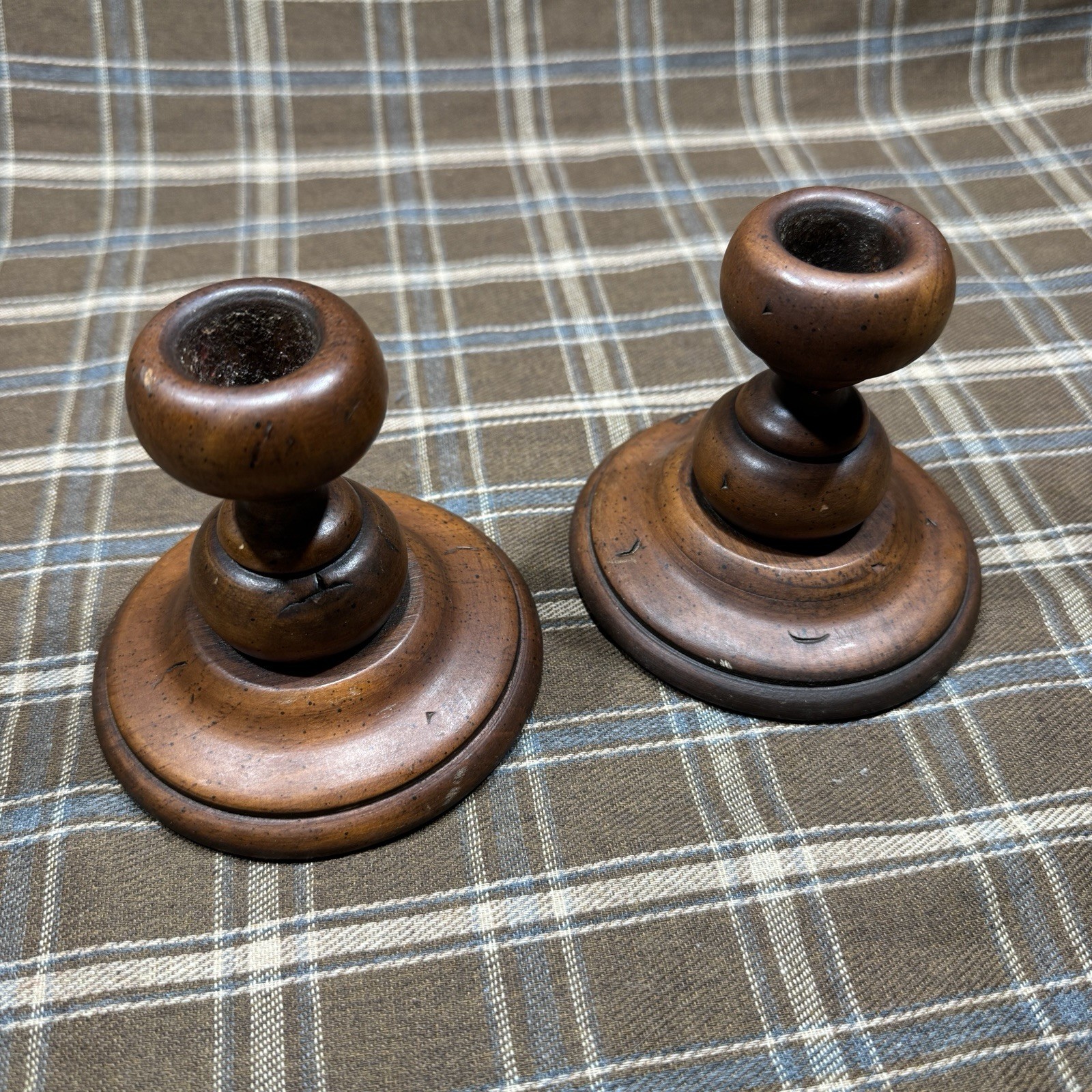 Vintage Pair of Brown Hand-Turned Wooden Wood Candlestick Holders