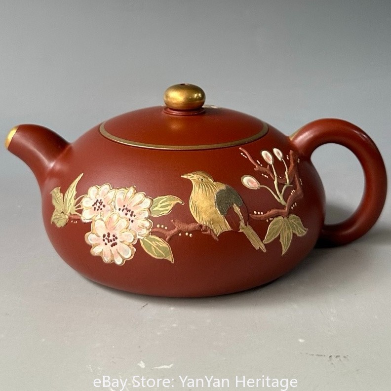 Handmade Yixing Zisha Teapot, Vintage Gilt Cherry Blossom and Bird Half Moon Pot