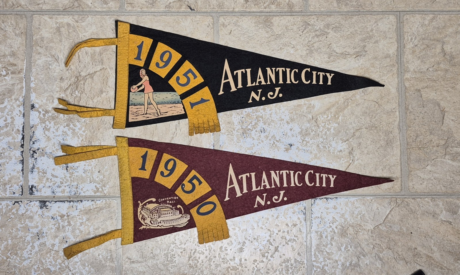 Pair of  Vintage Circa 1950s Atlantic City NJ  17.5 Inch Felt Pennants