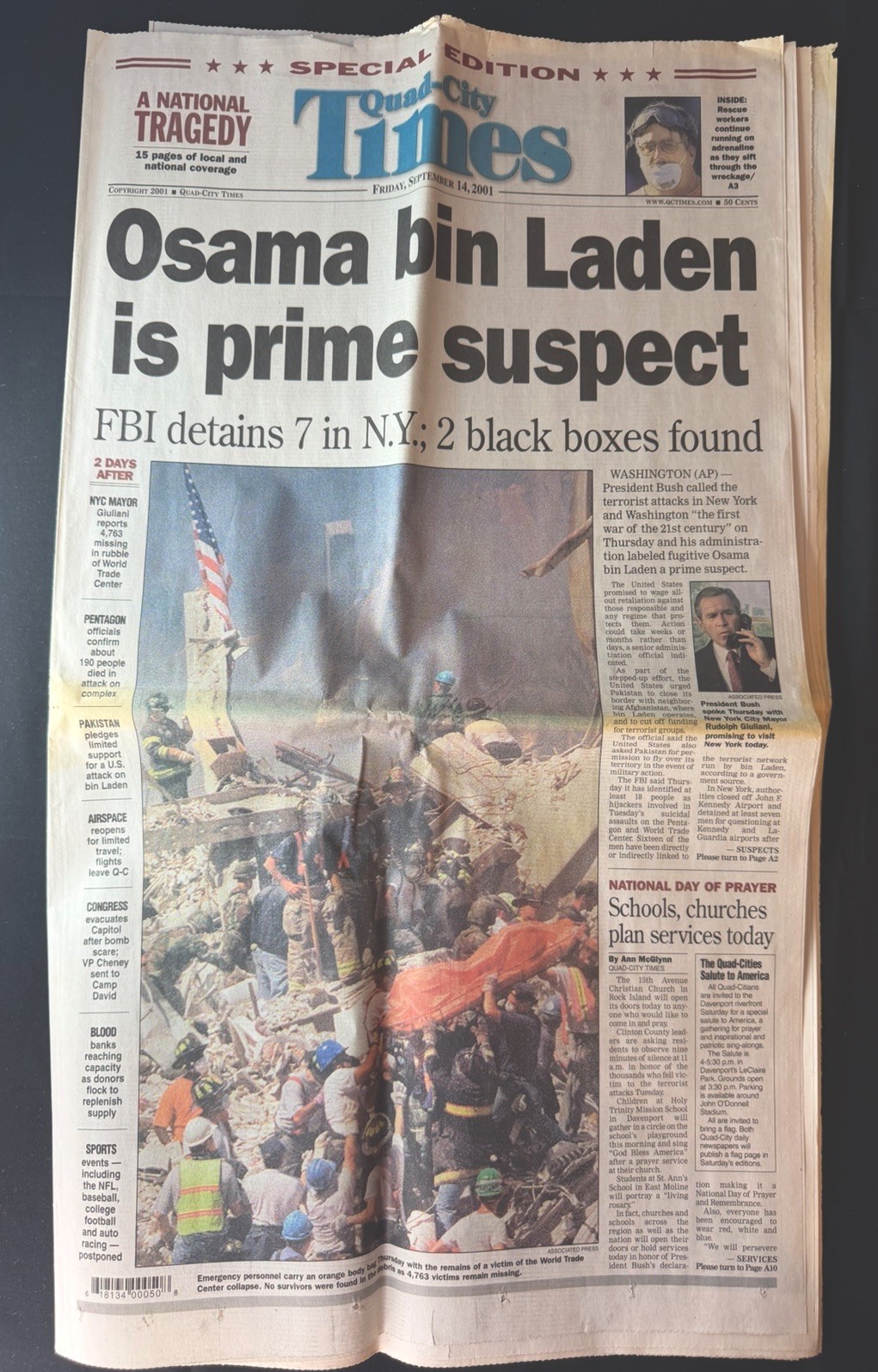 9/11 Sept 11th 2001 Newspaper Osama bin Laden Prime Suspect WTC Quad-City Times