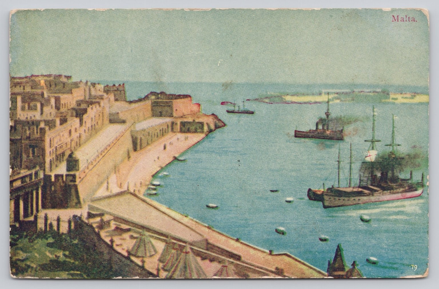 Vintage Malta Grand Harbour City View Warships Postcard Early 1900s English