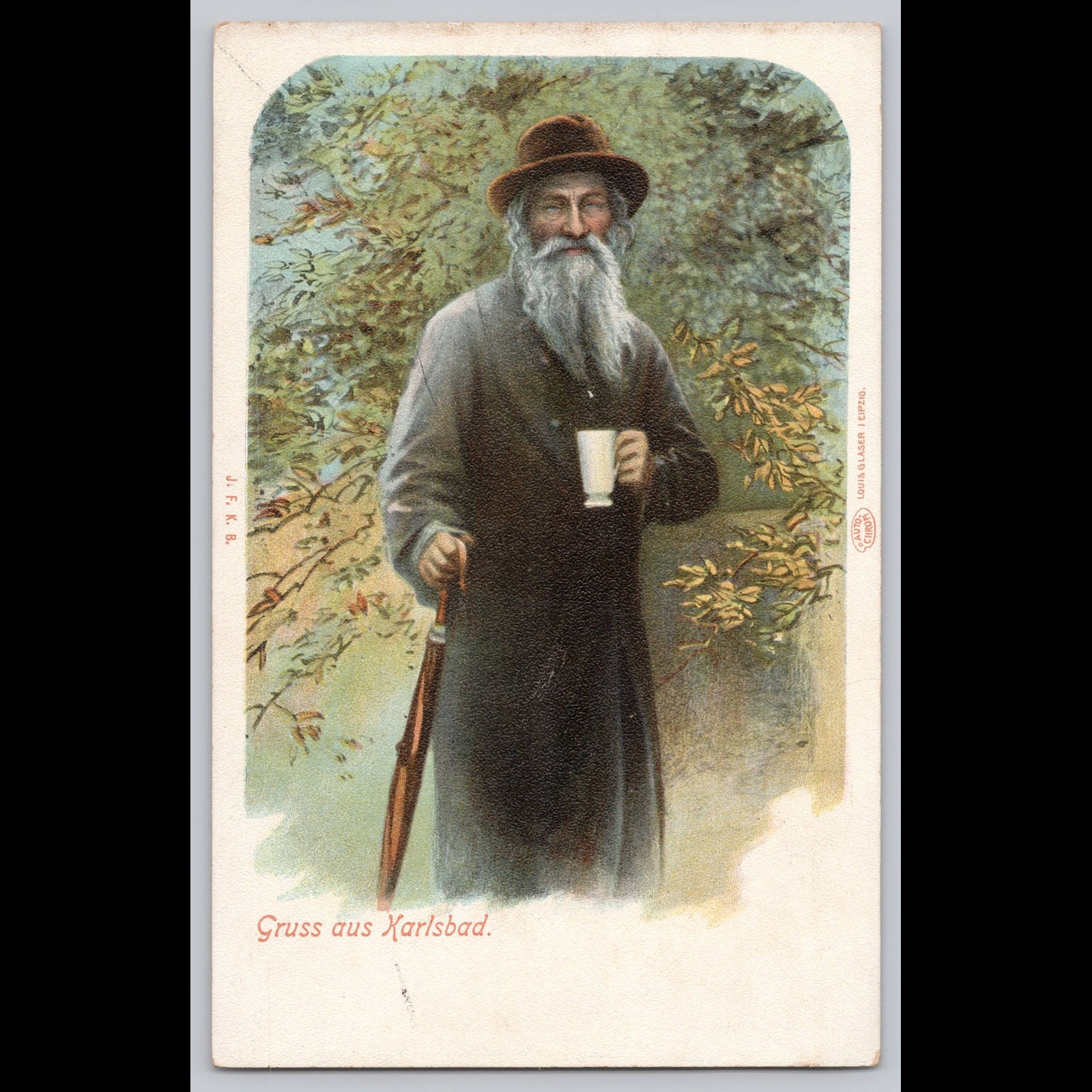 Antique Postcard Gruss aus Karlsbad Gentleman with Mug