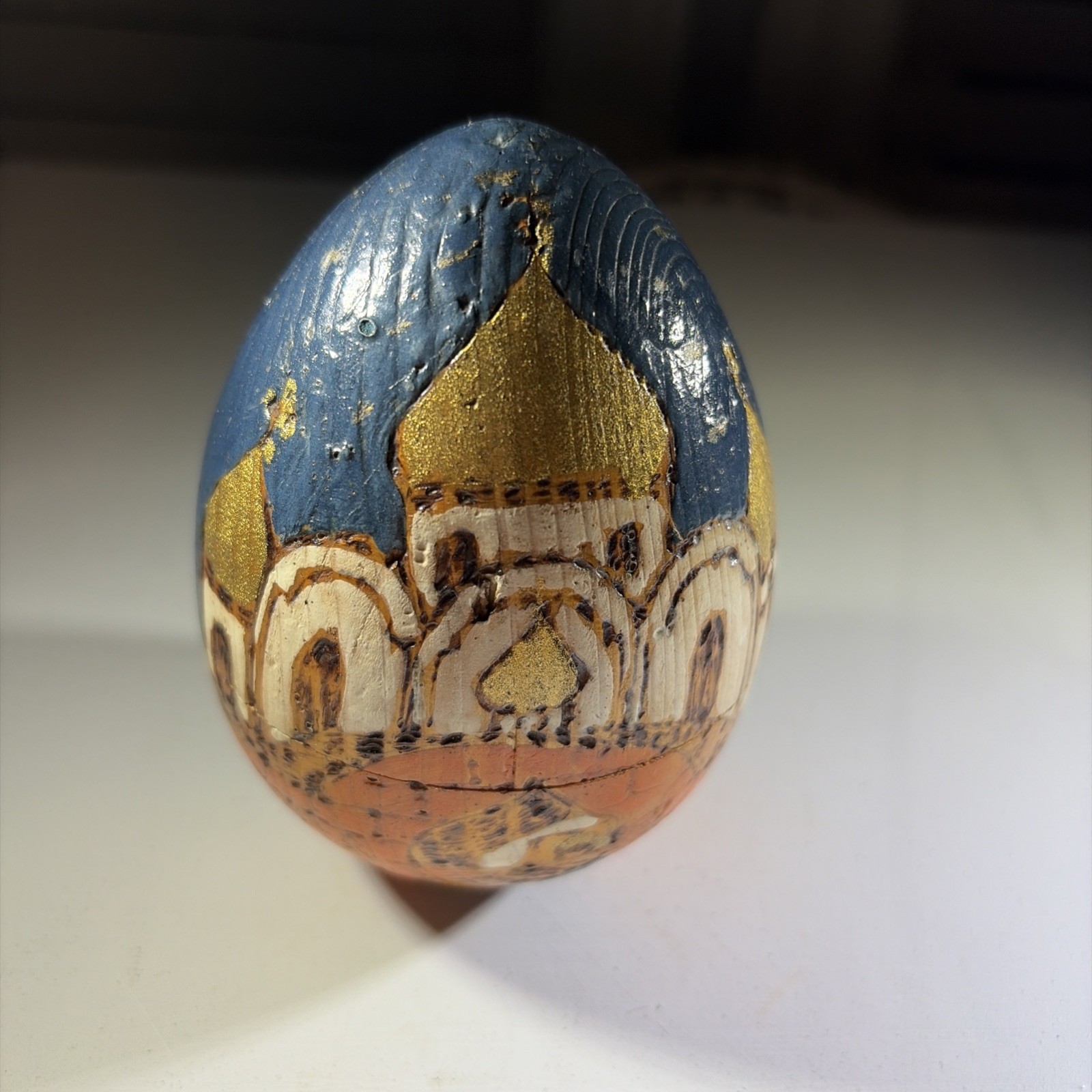 Vintage Russian Wooden Egg Hand Carved/Burnt Painted Russian Church Orthodox 