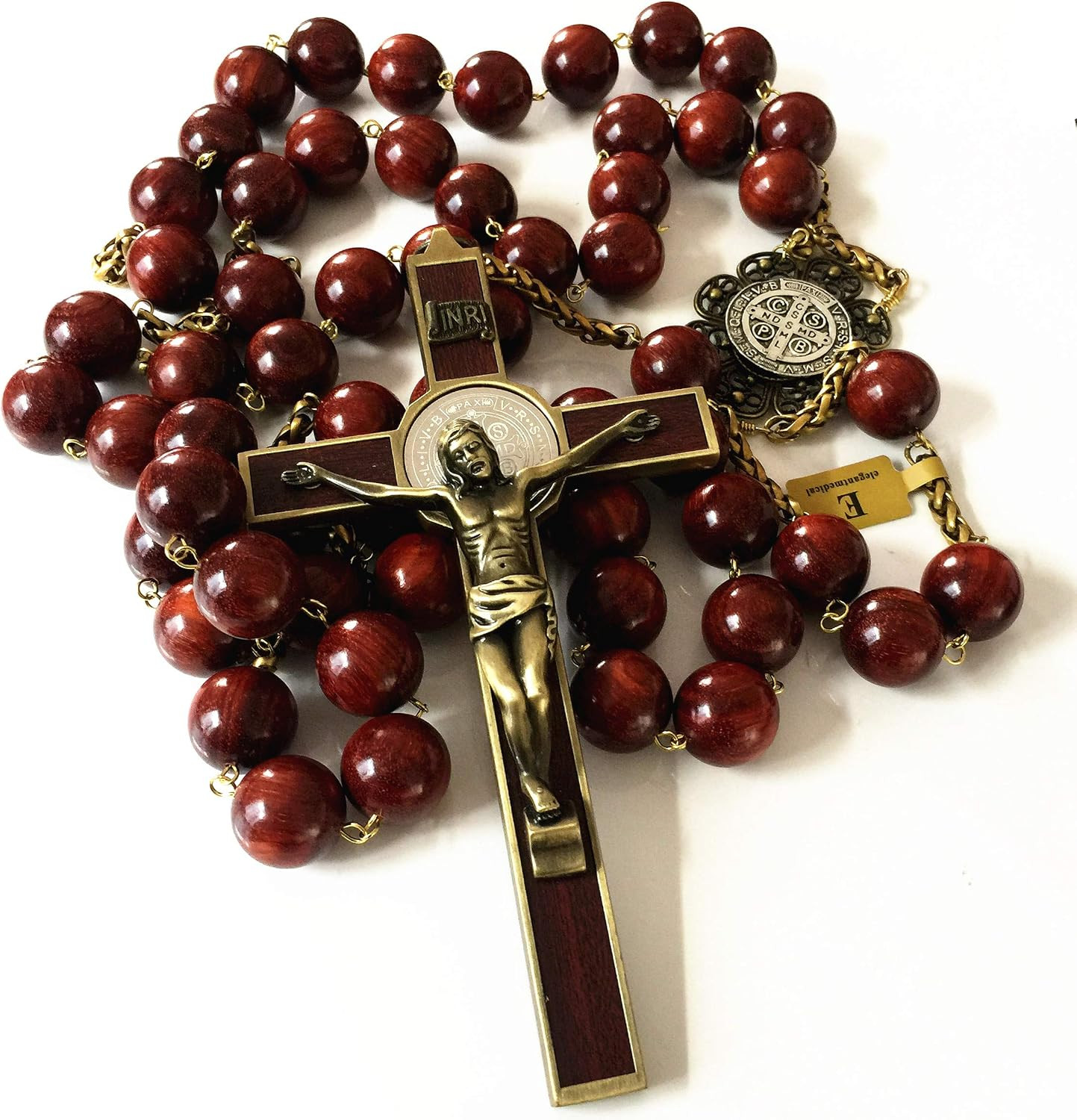 Large 20Mm Red Rosewood Wood Beads Wall Rosary St. Benedict Crucifix Wooded Cros