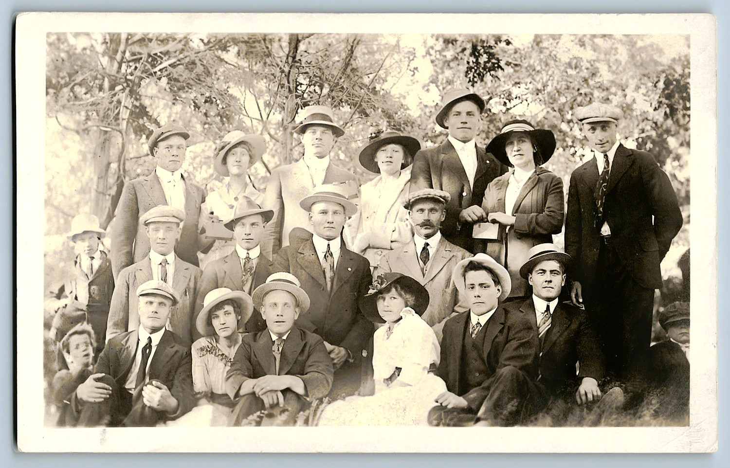 Large Group Friends Men Women Outdoor Portrait Antique RPPC c1910s Postcard -879