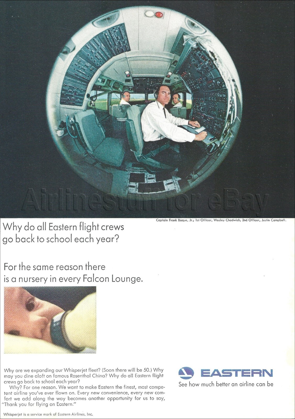 1965 EASTERN AIR LINES Boeing 727 Whisperjet AD airways advert PILOTS IN COCKPIT