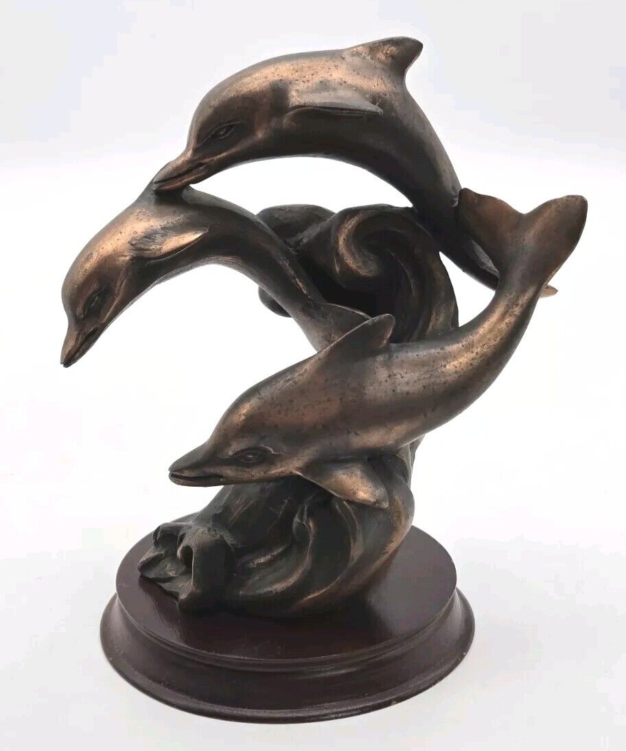 Dolphin Figurine Copper Color Sculpture of Dolphin Trio Surfing Waves Wood Base