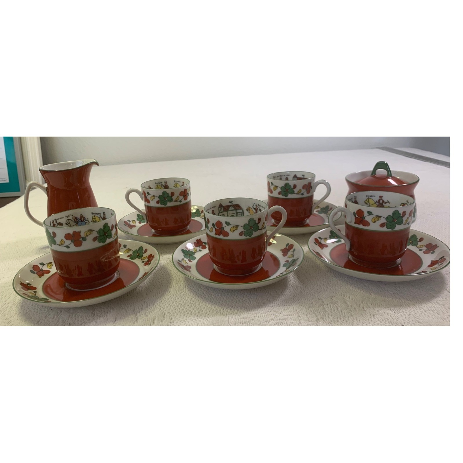 Vintage Porsgrund Norway Wedding Procession Porcelain Demitasse Set 12pc Floral Vintage Porsgrund Norway Wedding Procession Porcelain Demitasse Set 12pc Floral