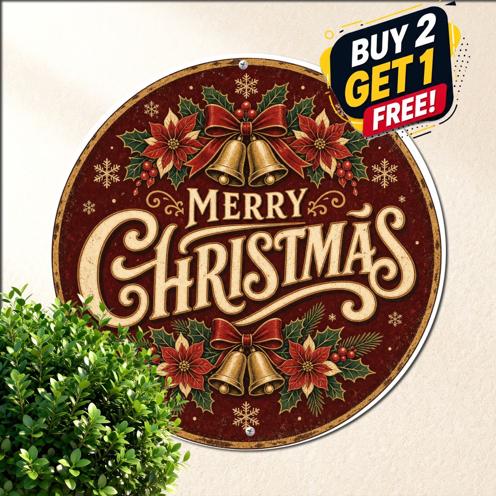 Burgundy Gold Round Metal Plaque Christmas Holiday Greeting Tin Sign Decor