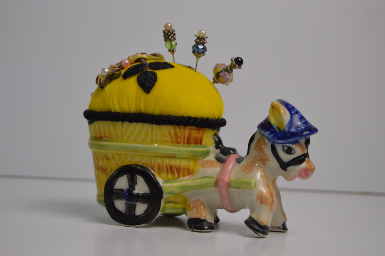 Vintage MCM Donkey Pulling Cart Sewing Pincushion Repurposed Planter Craft