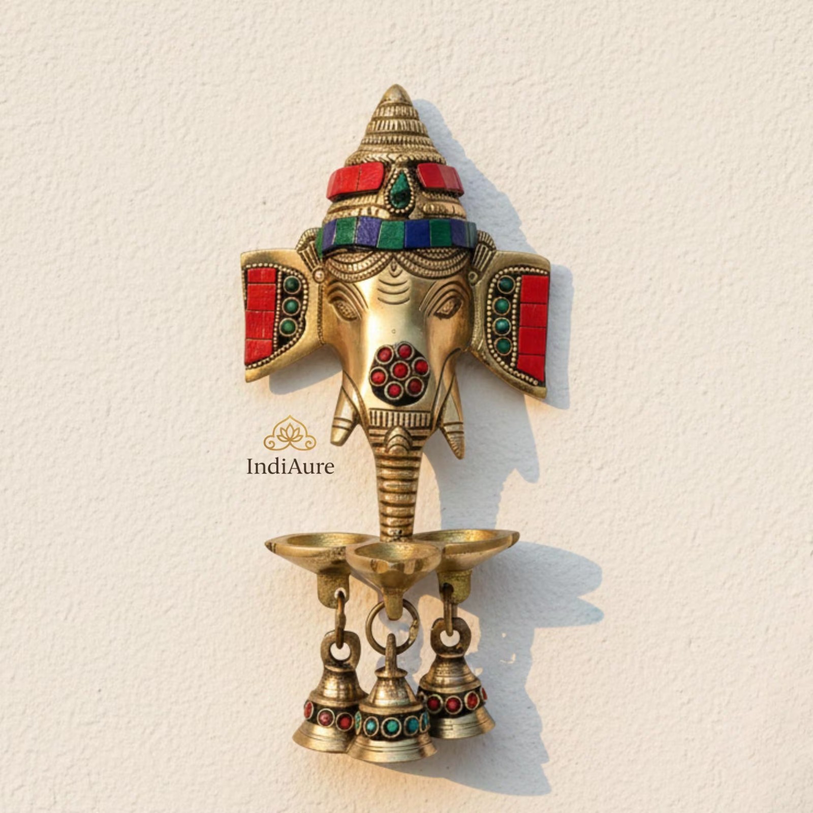 Handmade Brass Ganesha Wall Hanging Diya with Bells | Indian Ganesh Idol Decor