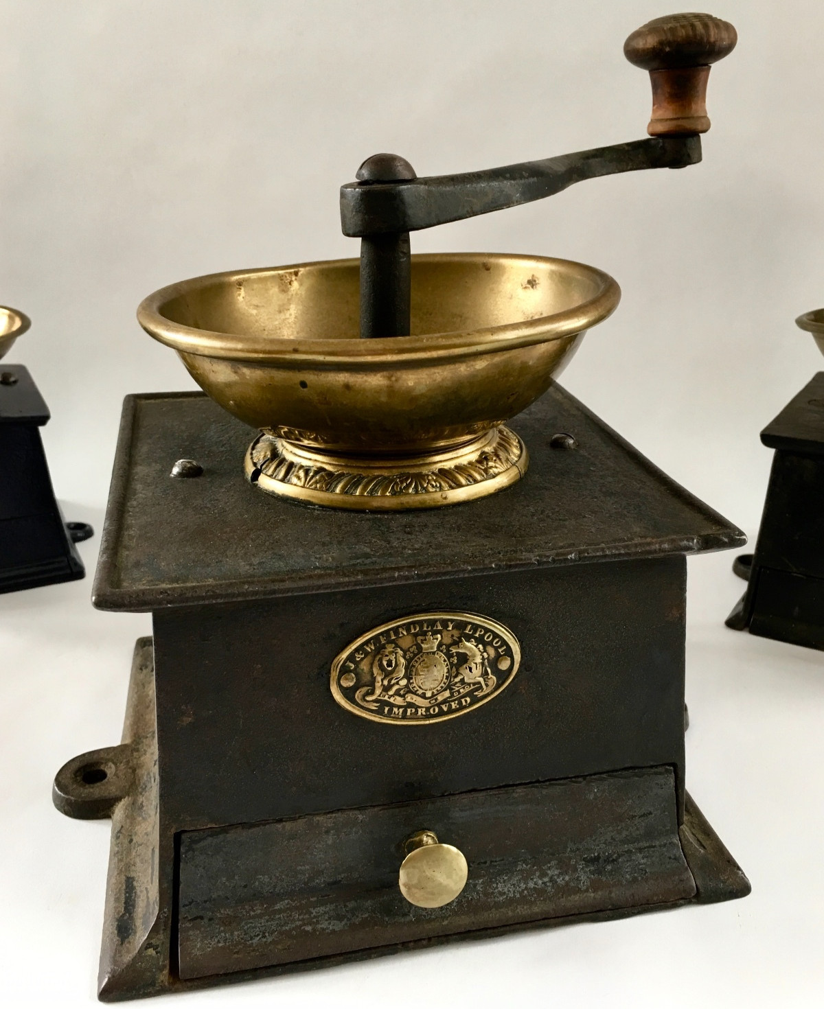 RARE+HUGE #4/#5 Antique/VTG J&W FINDLAY English Iron+Brass Coffee Mill/Grinder