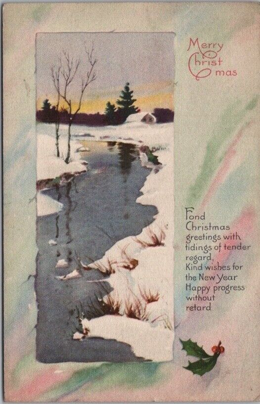 Vintage 1910s MERRY CHRISTMAS Postcard Winter River Scene \