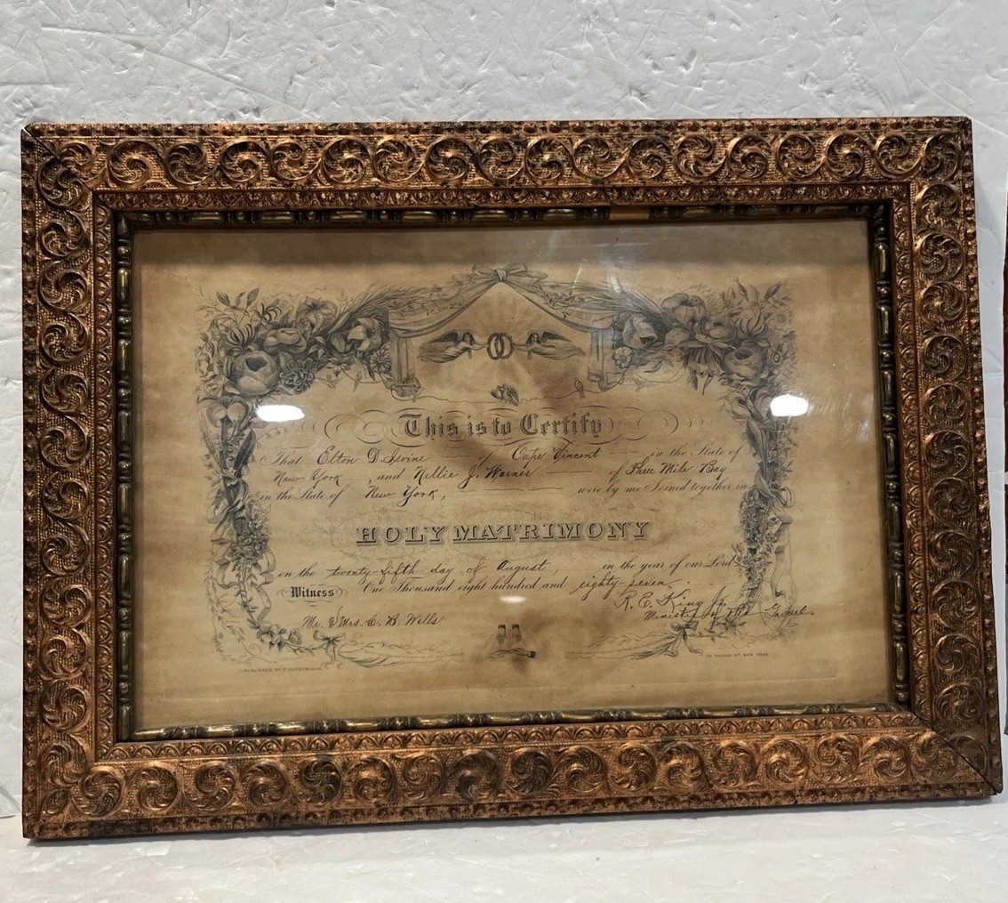 Antique 1887 Framed Marriage Certificate Ornate Gold  Gilded Cesso Wood Frame