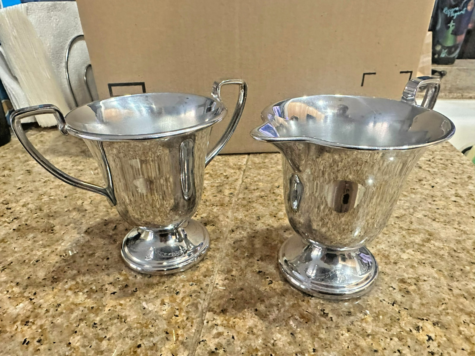 Farberware NY Mid‑Century Stainless Pedestal Cups—Spout & Two‑Handle Pair