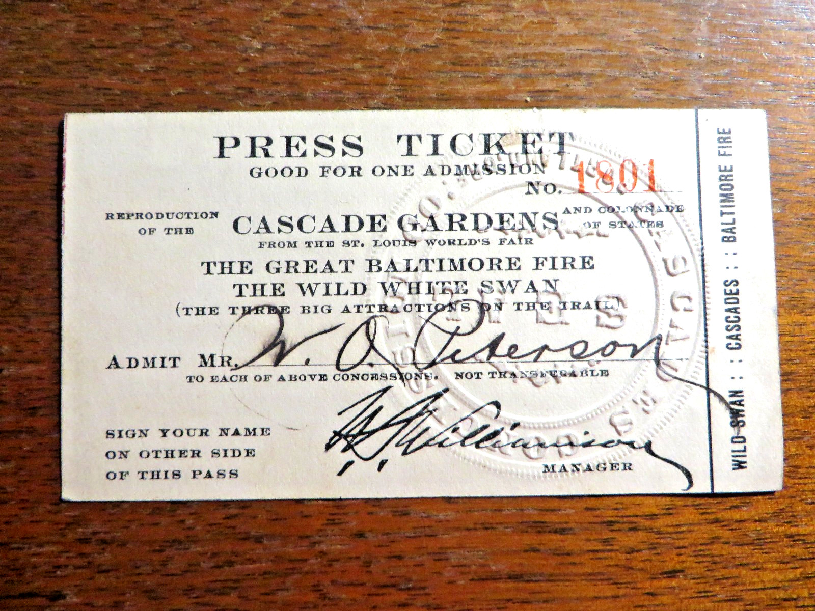 1905 Lewis & Clark Exposition Press Ticket Lot M O Peterson The Trail Portland