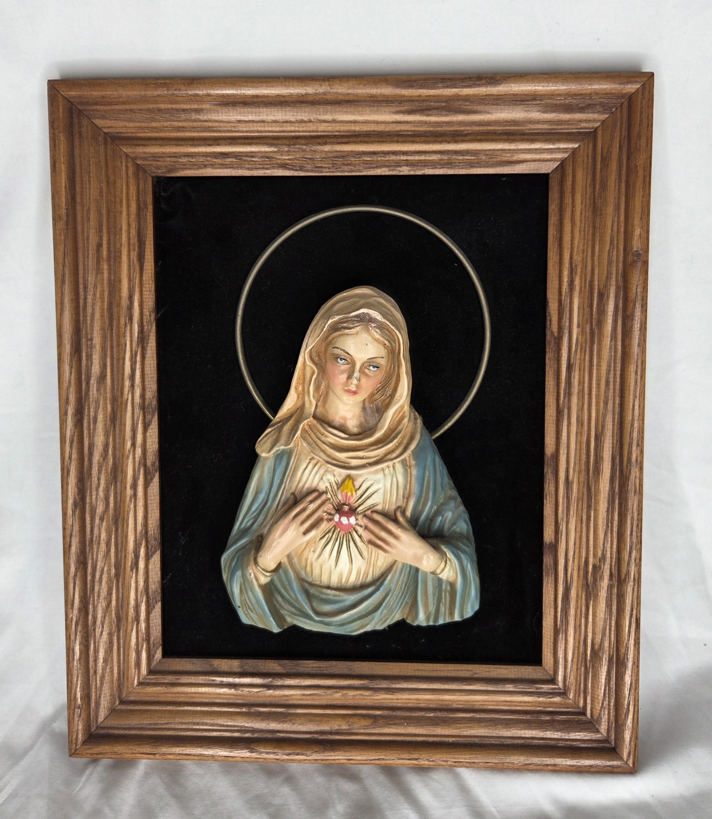 Vintage Immaculate Heart of Mary Plaque Figurine Religious Virgin Bust 3D Framed