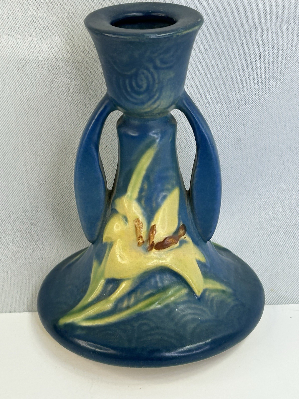 Vintage BLUE ROSEVILLE Pottery ZEPHYR LILY CANDLESTICK 1946 5” Signed Vintage BLUE ROSEVILLE Pottery ZEPHYR LILY CANDLESTICK 1946 5” Signed