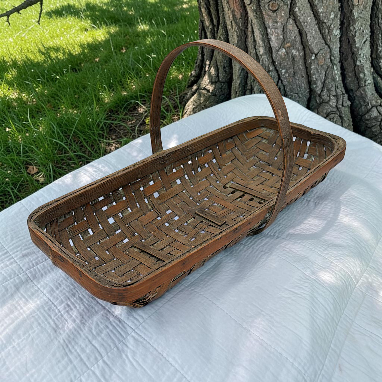 Vintage Woven Wood Splint Gathering Basket Bentwood Handle Garden Trug Farmhouse