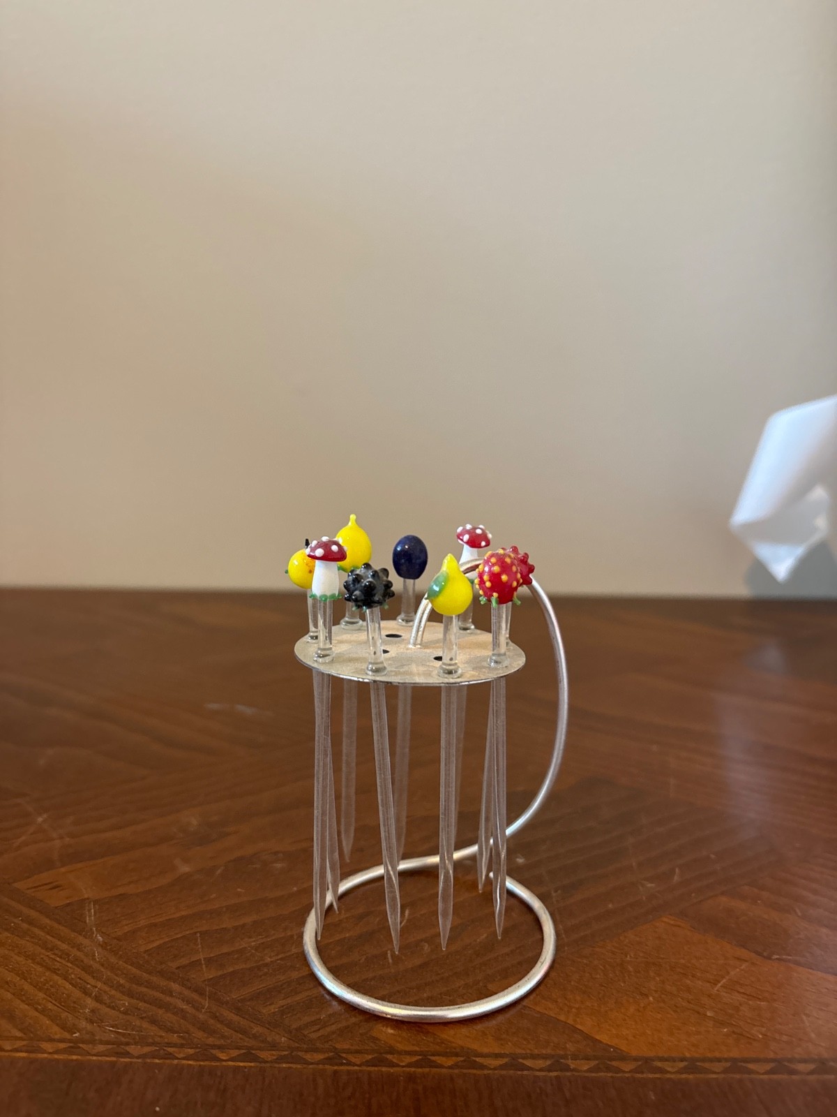 vintage mid-century glass fruit and novelty cocktail picks with a metal stand, p