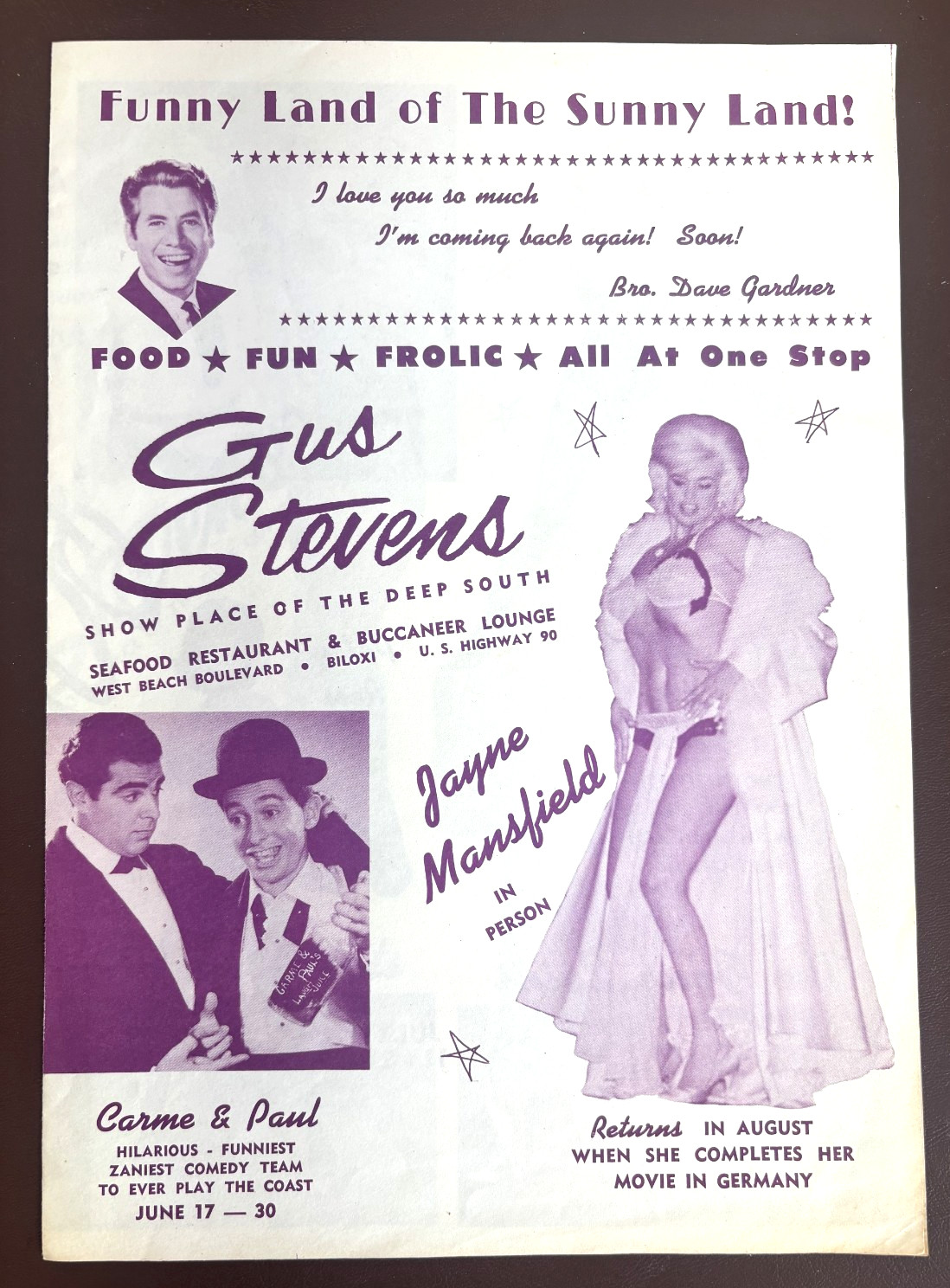 RARE VINTAGE 1963 JAYNE MANSFIELD GUS STEVENS MENU BILOXI MS ANDY GRIFFITH SHOW
