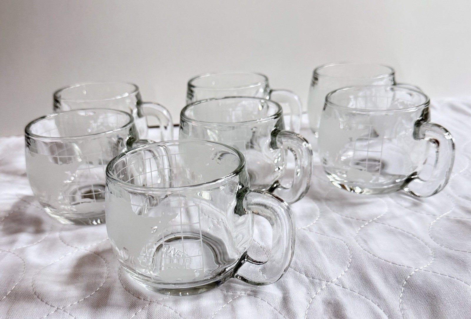 Vintage 1970s Nestlé Nescafé World Globe Frosted Glass Mugs Cups Set Of 7