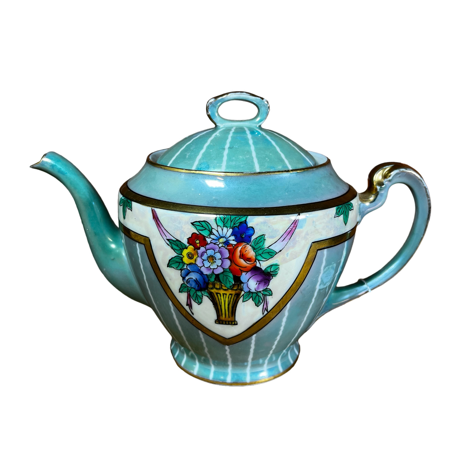 Noritake Morimura Porcelain Teapot Teal Blue & White Lusterware Flowers Japan