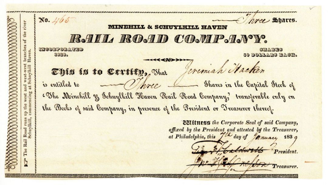 Minehill and Schuylkill Haven Railroad - Railway Stock Certificate - Railroad St