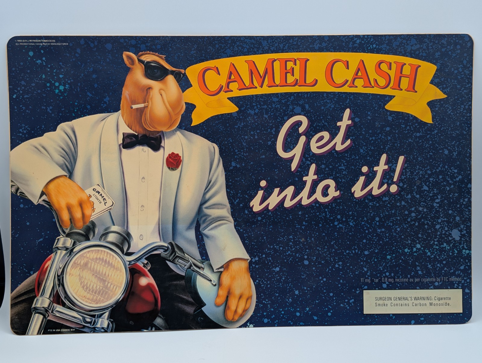 VNTG 1993 Joe Camel Cash Vinyl Sign Large 20x12 Sticker Display Motorcycle NOS