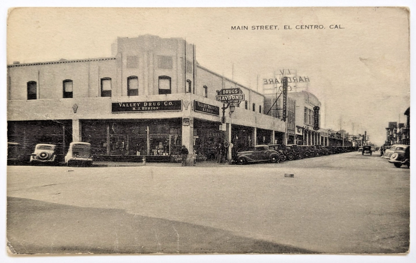 El Centro California CA Main Street View Valley Drug Co Haydon\'s c1930s Postcard