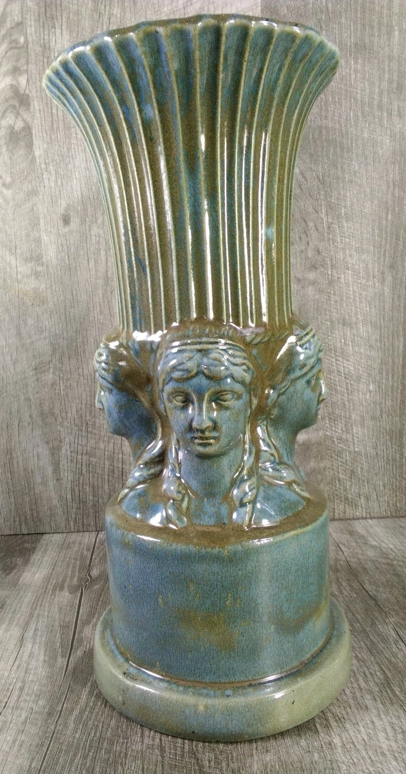 Vintage Newell Studios 1963 Celadon Blue Green Toned Vase Relief Sculpted Faces 