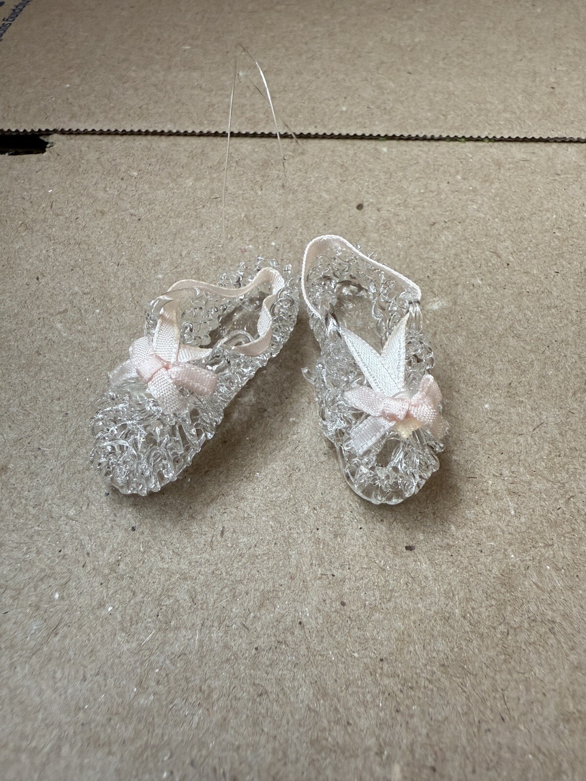 VTG Tiny Blown Glass Slippers With Pink Ribbon Baby Shower Infant Ornament