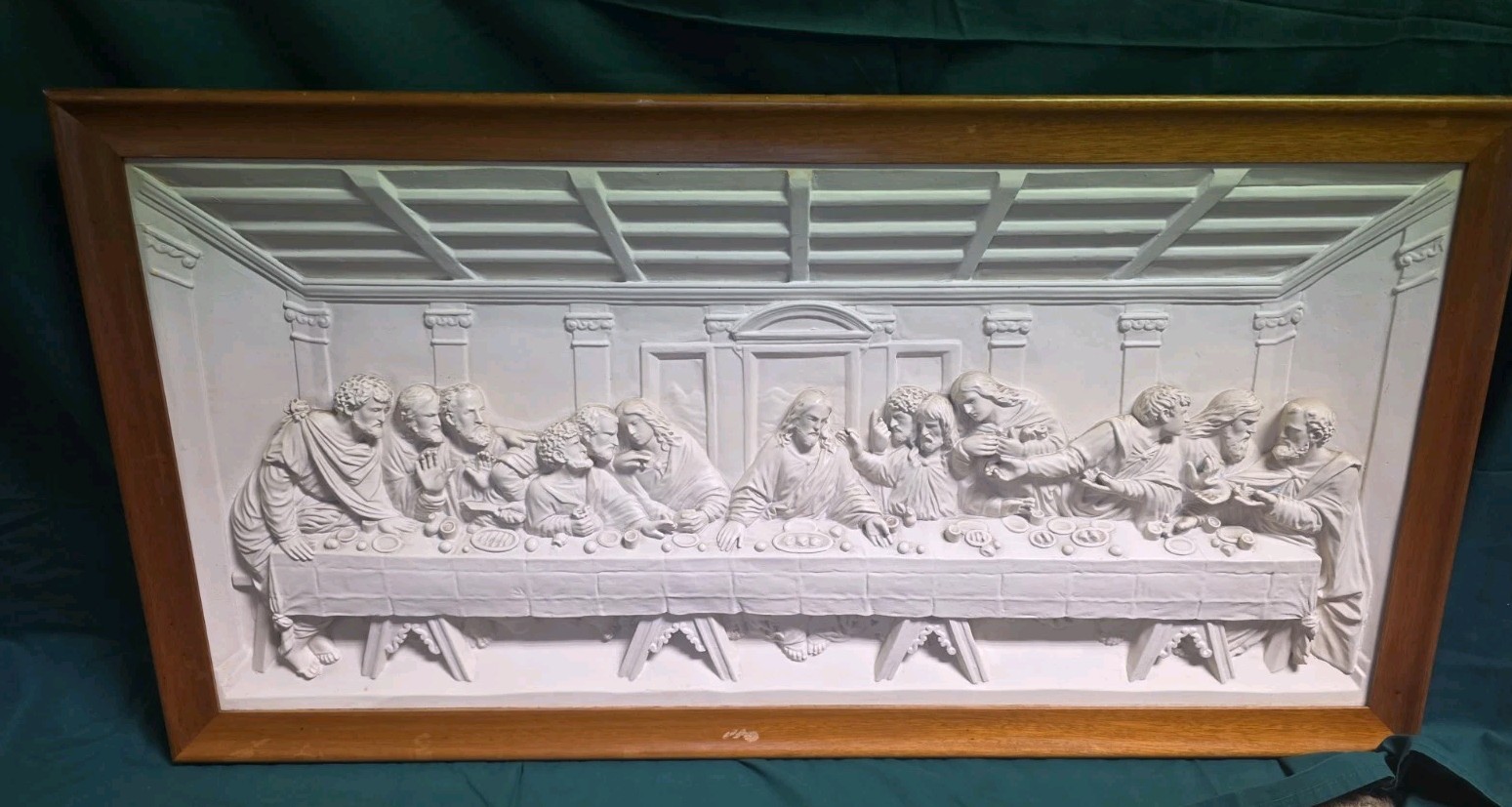 Vintage 3D Ceramic Last Supper On Frame Wall Hanging Raised Plaque 