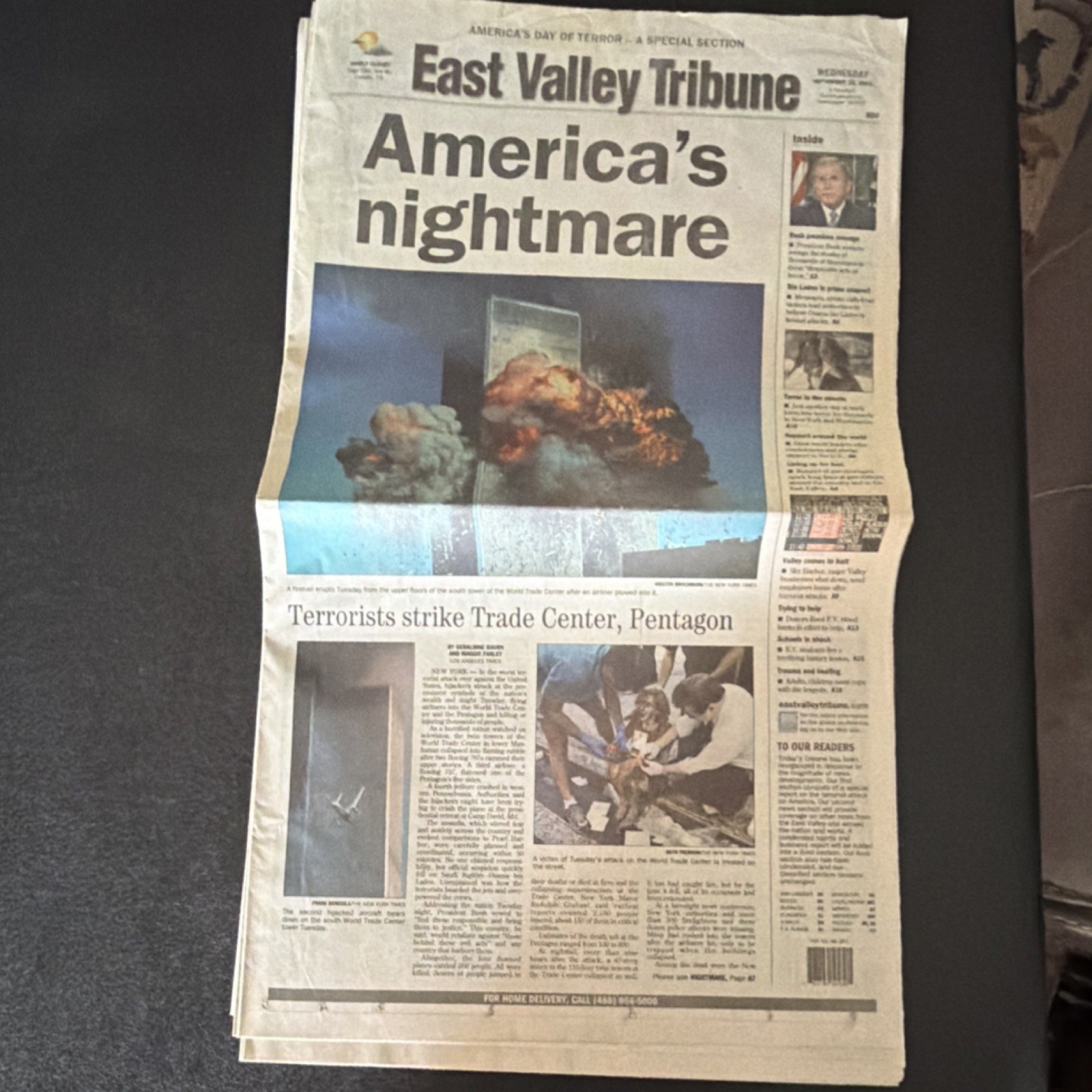 East Valley Tribune Newspaper 9/11 Terrorist Attacks Coverage September 12, 2001