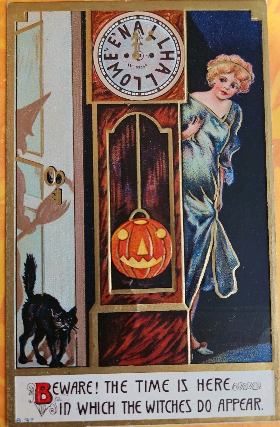 Halloween Antique Postcard Pretty Lady,  JOL Clock, Black Cat & Peeping Witch