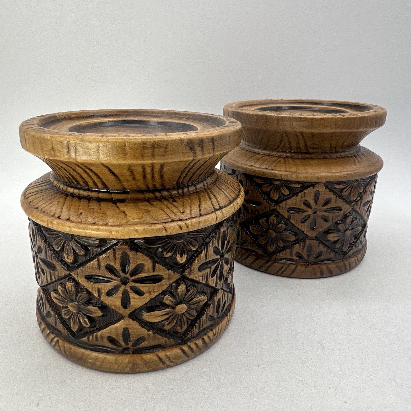 2 Vtg Mid Century MCM Ceramic Faux Carved Wood Brown Candle Holders 1970s Boho