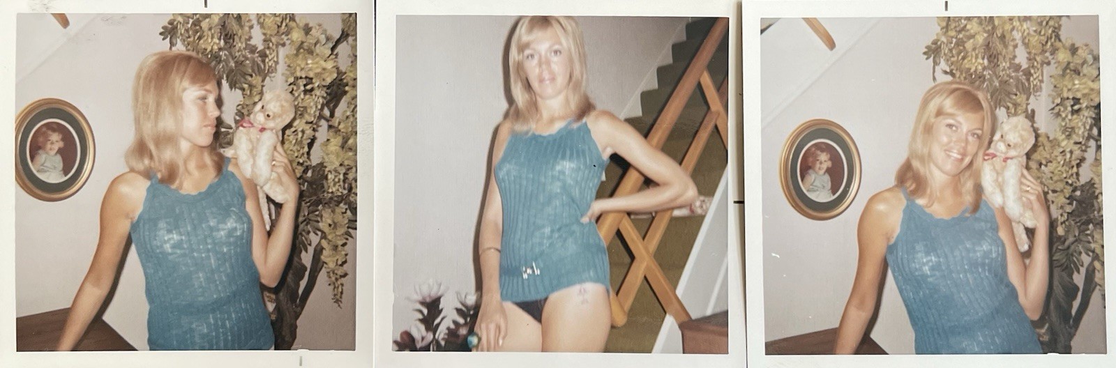 3 Vintage Photos Sexy Blonde Woman No Pants Tattoo Stuffed Animal 1960s