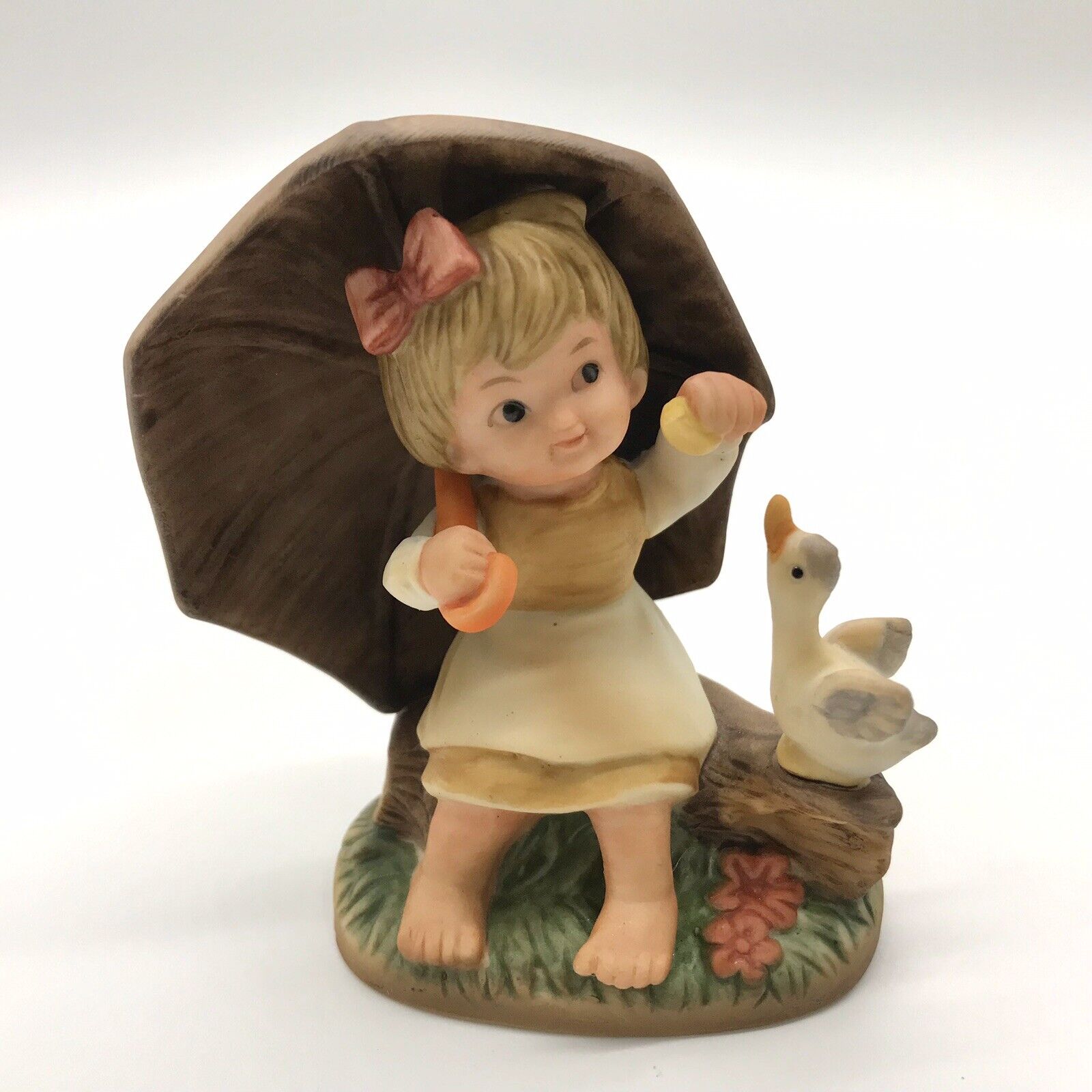 Vintage Napcoware Tiny Tots Ceramic Girl With Duck Figurine Umbrella