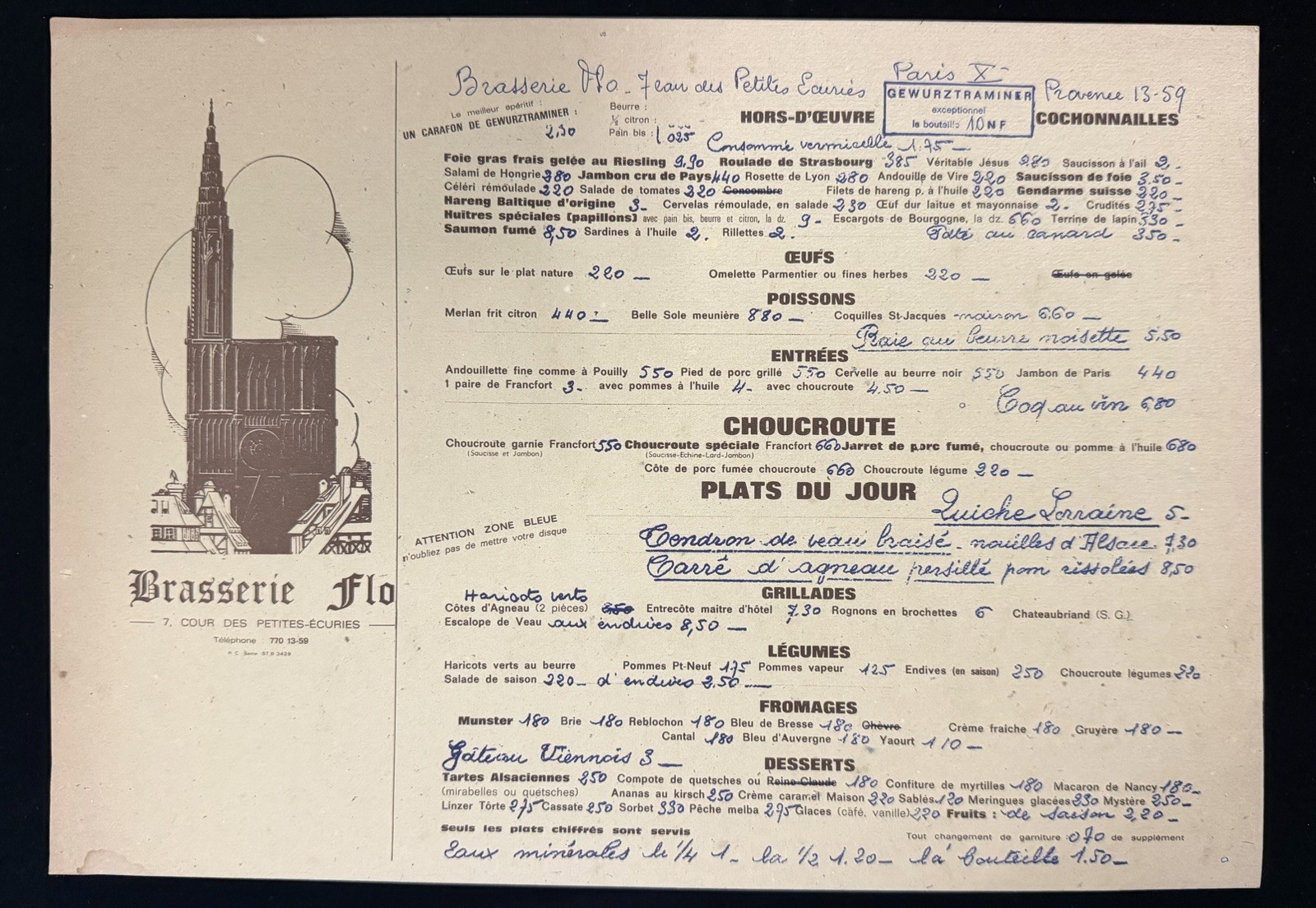 Vintage 1960s Brasserie Flo Paris France French Restaurant Menu Recipe