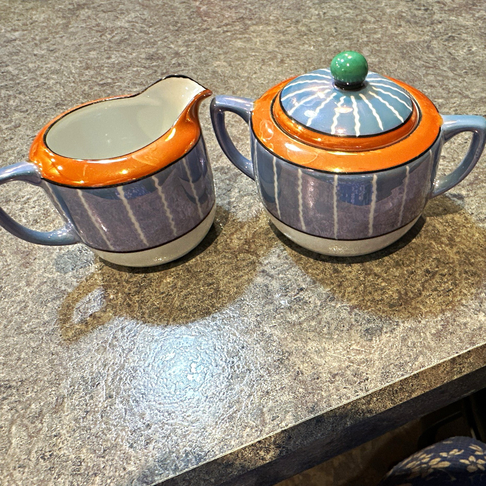 Vintage Noritake Porcelain Creamer & Sugar Set w/Lid, Striped, Blue Orange Green