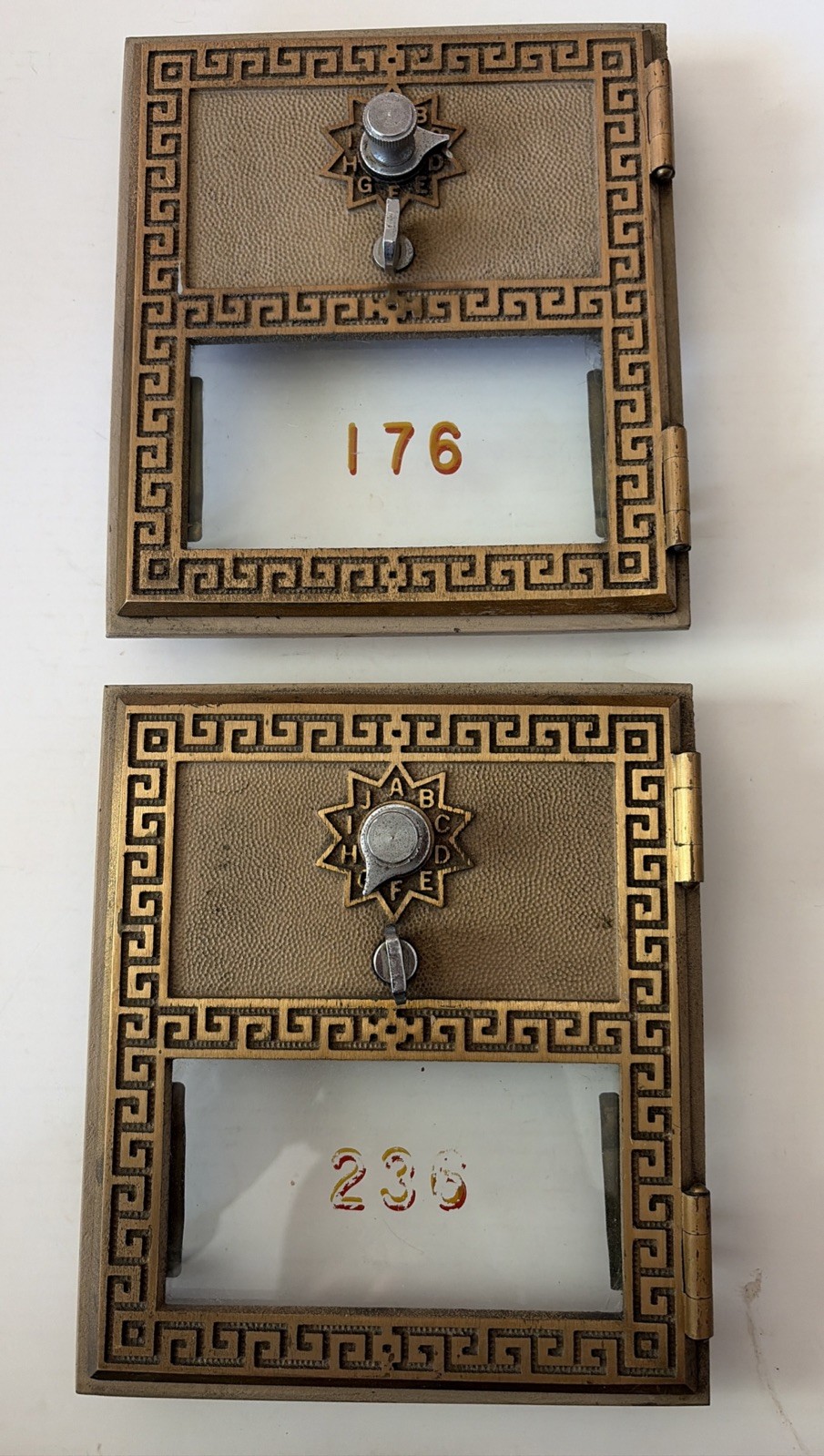 2 VTG 1962 National Post Office Box Doors / Greek Key Combination Lock W / Glass 2 VTG 1962 National Post Office Box Doors / Greek Key Combination Lock W / Glass